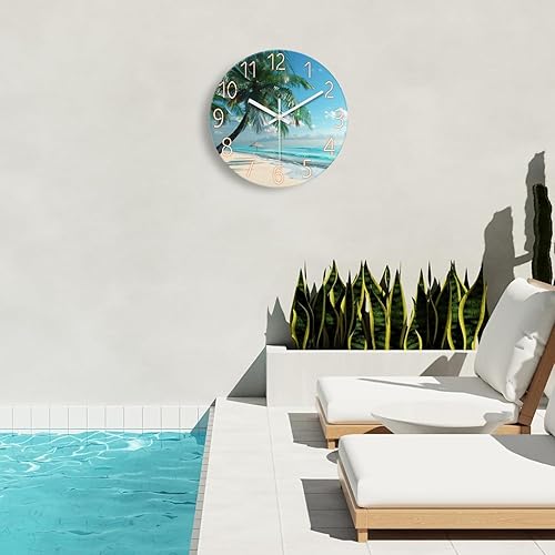 Miniatura 3 de XFM Reloj de pared de playa, silencioso, sin tictac, funciona con pilas, reloj de pared de 12 pulgadas con palmera tropical azul océano azul