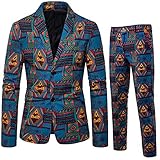 Mens Casual 2 Piece Print Dress Suit Lapel Floral Party Tux Jacket Slim Fit Outfit Fashion Ethnic Prom Tweed Blazer (Blue,Medium)