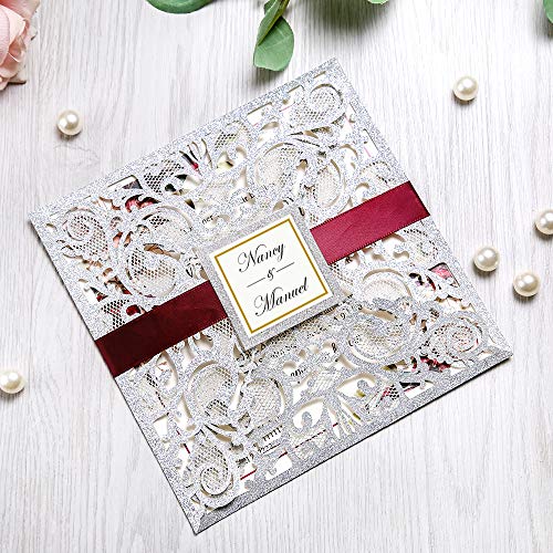 DreamBuilt 6.3 X 6.3 Inch 50PCS Personalized Silver Glitter Laser Cut Wedding Invitations With Envelopes Hollow Rose Pocket With Burgundy Ribbon Belly Band Wedding Invitation Cards For Wedding Invite