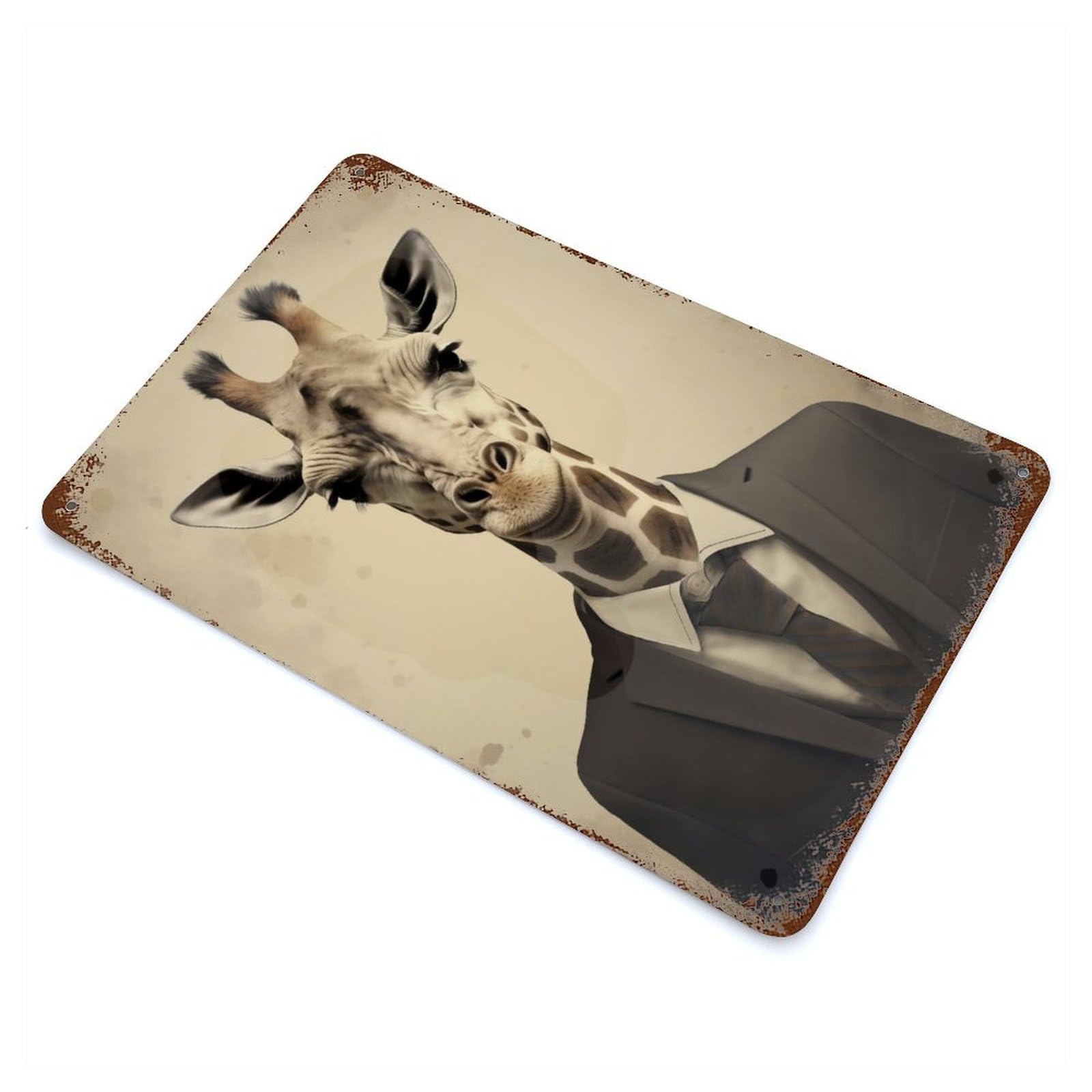 Aged Metal Wall Plaque with Giraffe in A Suit Design 11.8"x7.9", for Cafe, Home Bar And Lounge Decor, Novelty Wall Decor