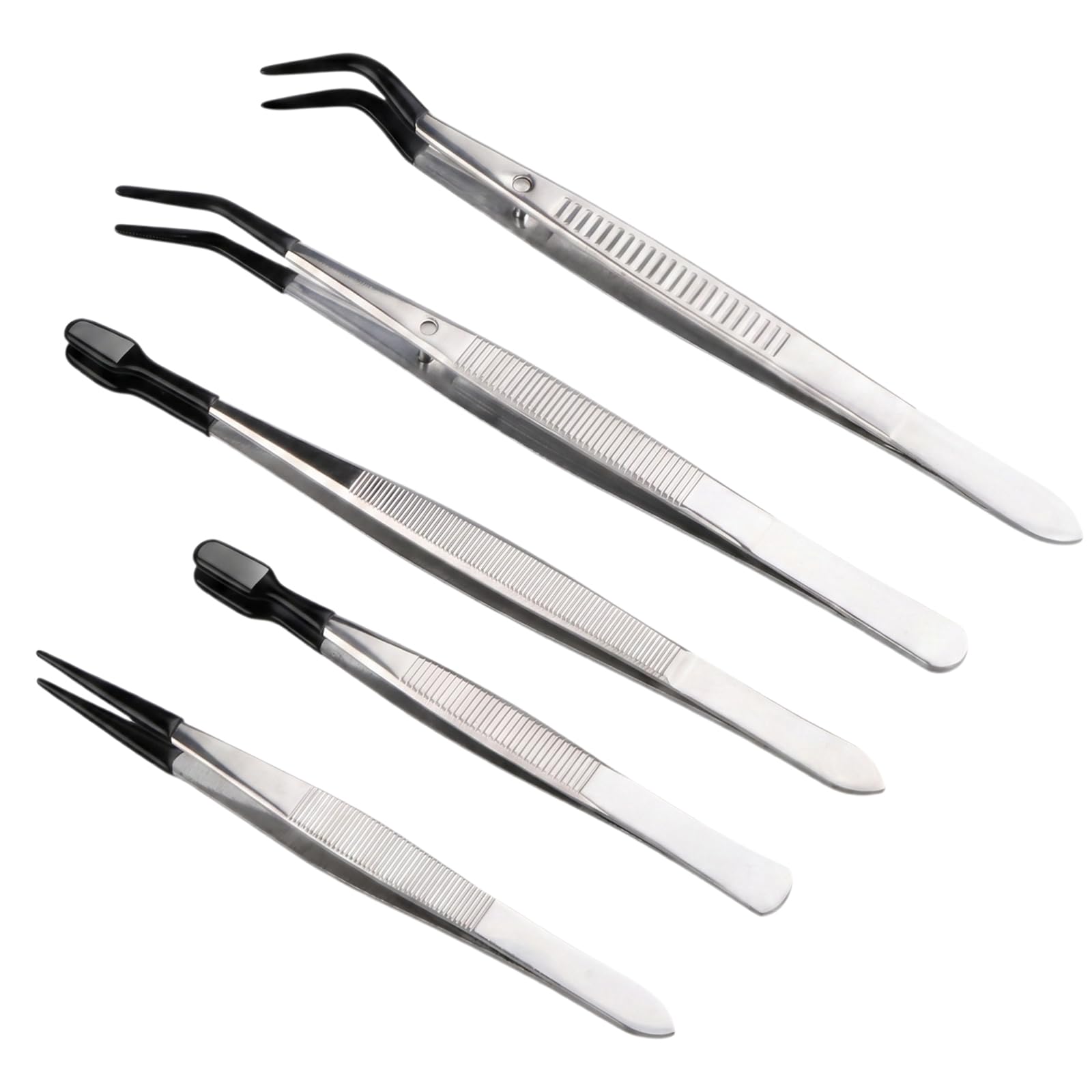 5PCS Precision Tweezers Set with Rubber Tips, Stainless Steel Long Tweezers for Crafting, Jewelry Making, Stamps, Electronics and Laboratory Work