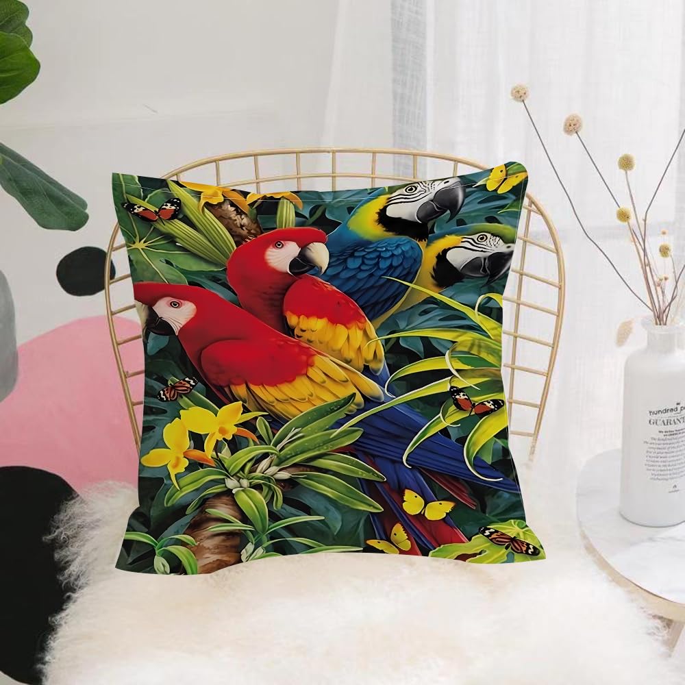 HYOSXW Cushion Cover,Throw Pillow Case Home Decorative for Living Room Bedroom Sofa Chair 16X16 Inch,Parrot, a group of eye-catching parrots in a tropical environment, with butterf,Pillowcase 40X40cm