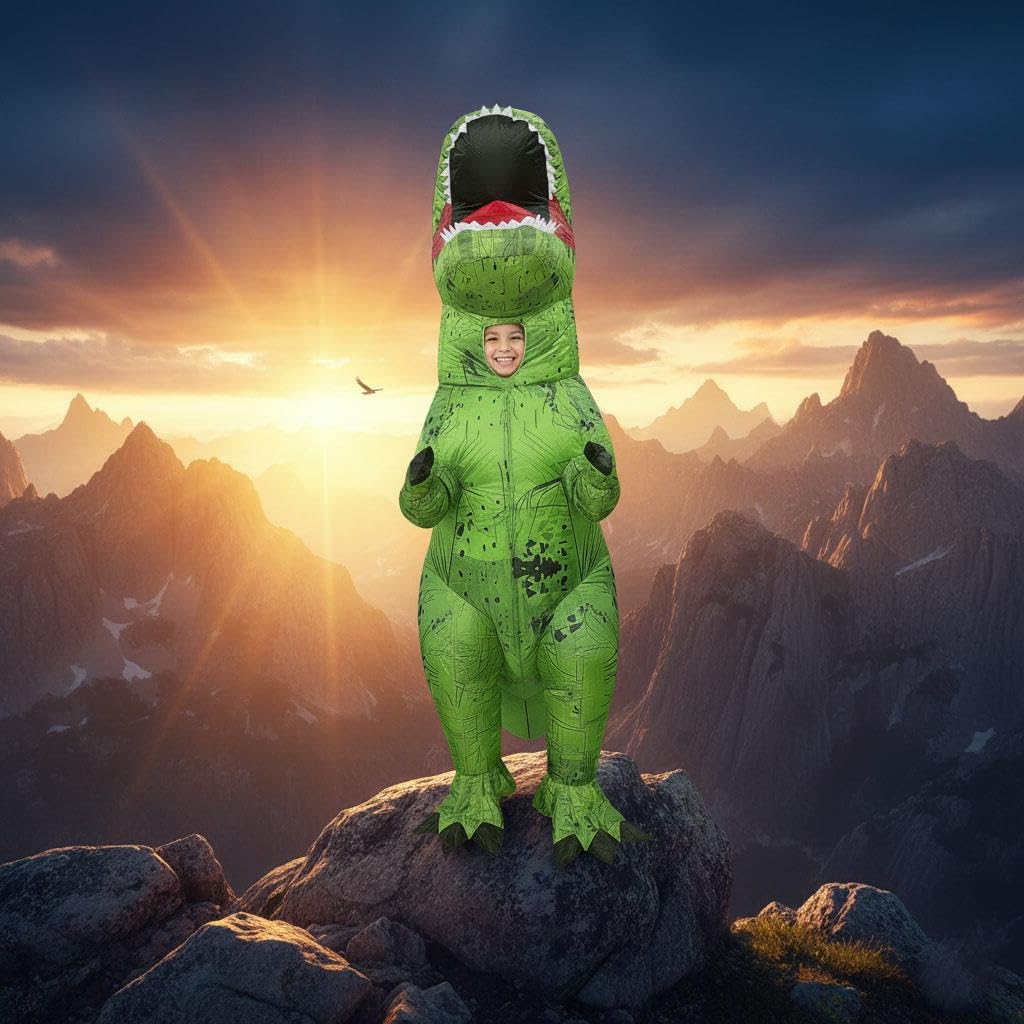 A2Z 4 Kids Nadmuchiwany kostium dinozaura na Halloween dla chłopców, dziewcząt, dzieci, T-Rex, fantazyjny strój z wachlarzem i akumulatorem, zielony, jurajski, Halloween, przyjęcie, cosplay, kostiumy