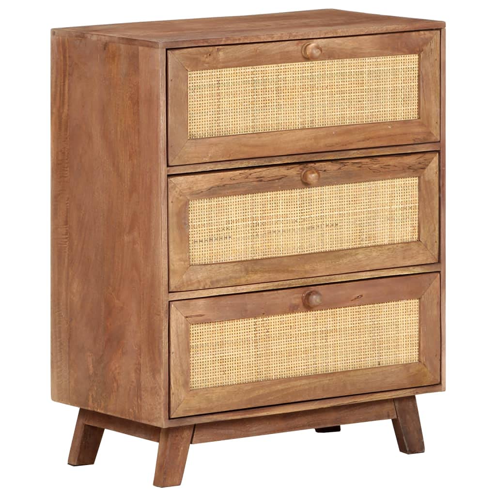 Aparador 61 x 35 x 76 cm, madera maciza de mango, armario rústico de madera con 3 cajones, mimbre natural, muebles de almacenamiento robustos para salón y cocina