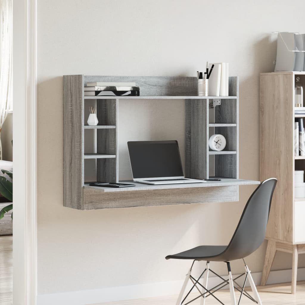 Scrivania a Parete Grigio Sonoma 105x48x75 cm Porta PC Sospeso | Mobile salvaspazio da studio o camera con sei scomparti laterali e ripiano per organizzare libri e piccoli oggetti.