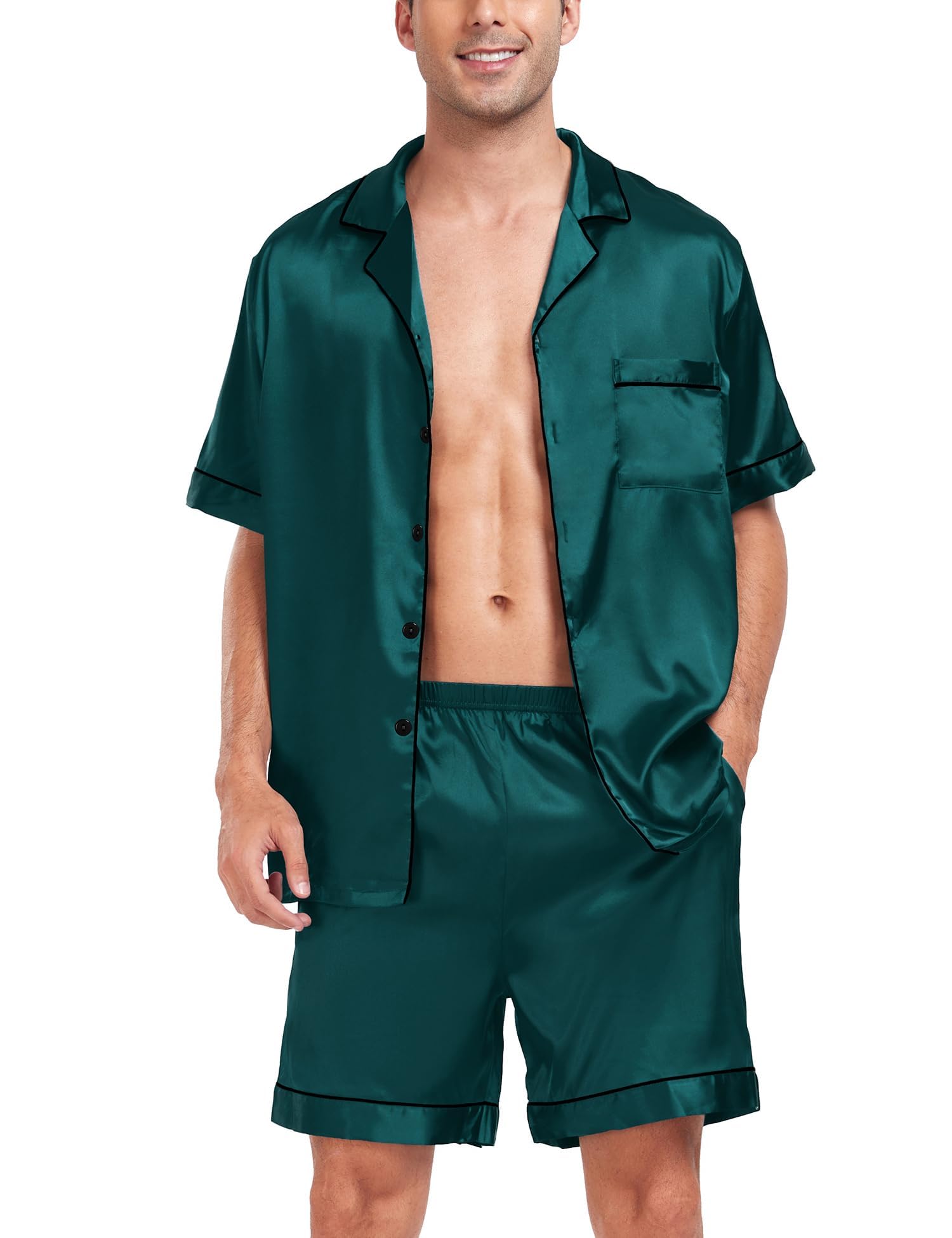 SWOMOG Men Satin Silk Pajamas Sets Short Sleeve Sleepwear Button-Down PJs Sets Two-Pieces Loungewear with Pockets