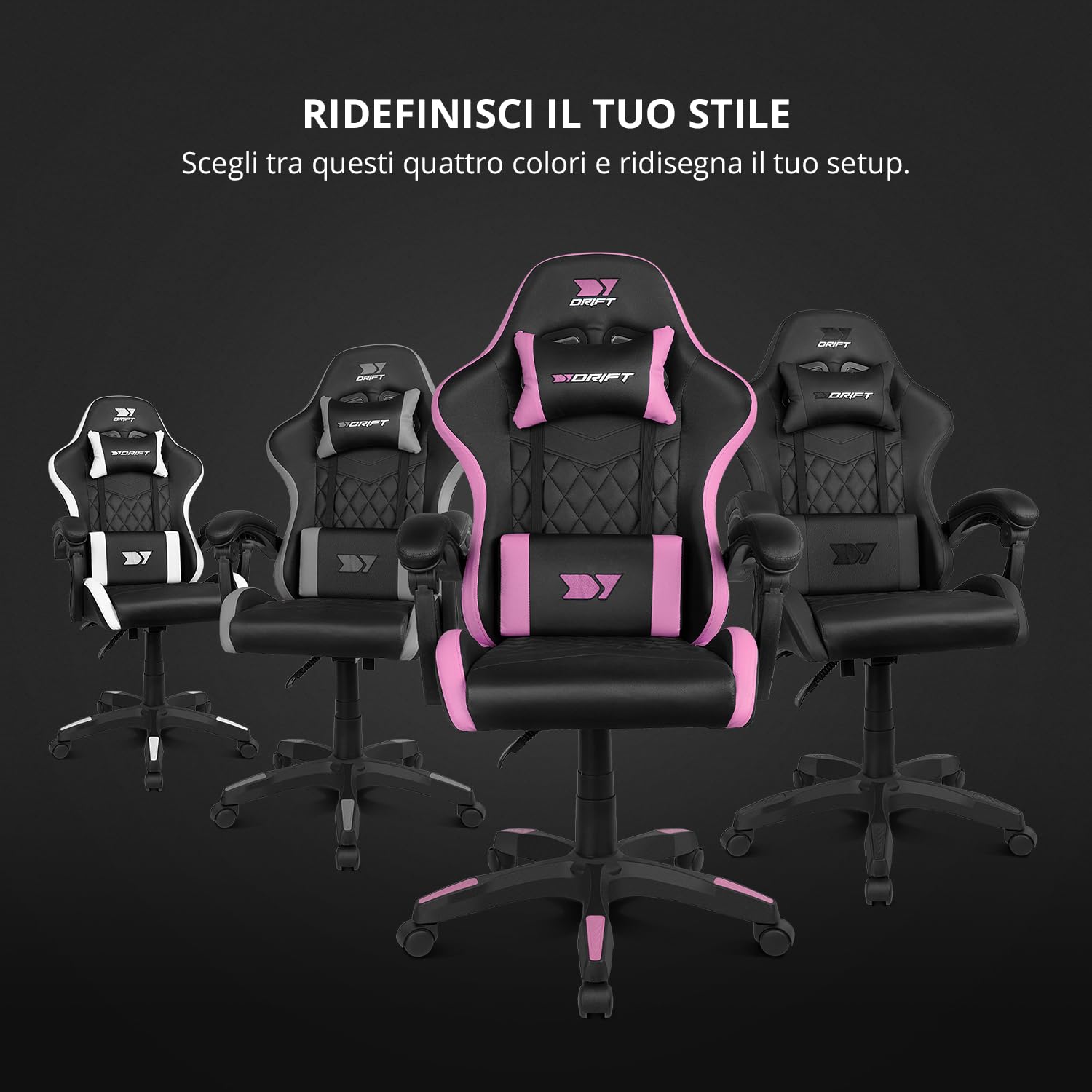 DRIFT GAMING DR35 – Sedia Gaming Ergonomica Professionale con Braccioli 2D Regolabili, Supporto Lombare e Cervicale, Reclinabile a 135°, Rivestimento in Pelle Sintetica, Ruote Silenziose, Nero-Rosa