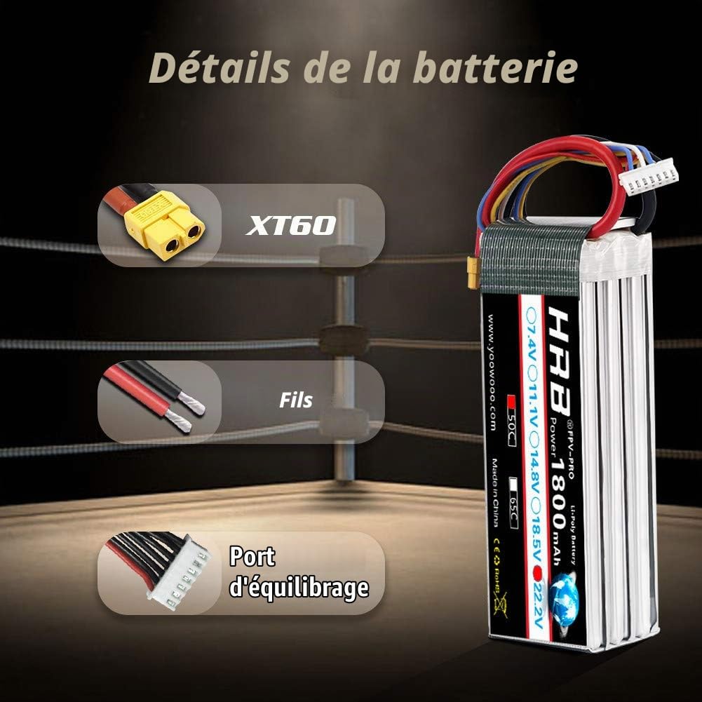 HRB 2pcs Batterie LiPo 1800mAh 6S 22.2V 50C avec XT60 au connecteur Deans T pour SAB380 Align 470 ALZRC Devil 380 480 Hélicoptère Avion Voitures Camion Buggy Truggy Drones Multicopter