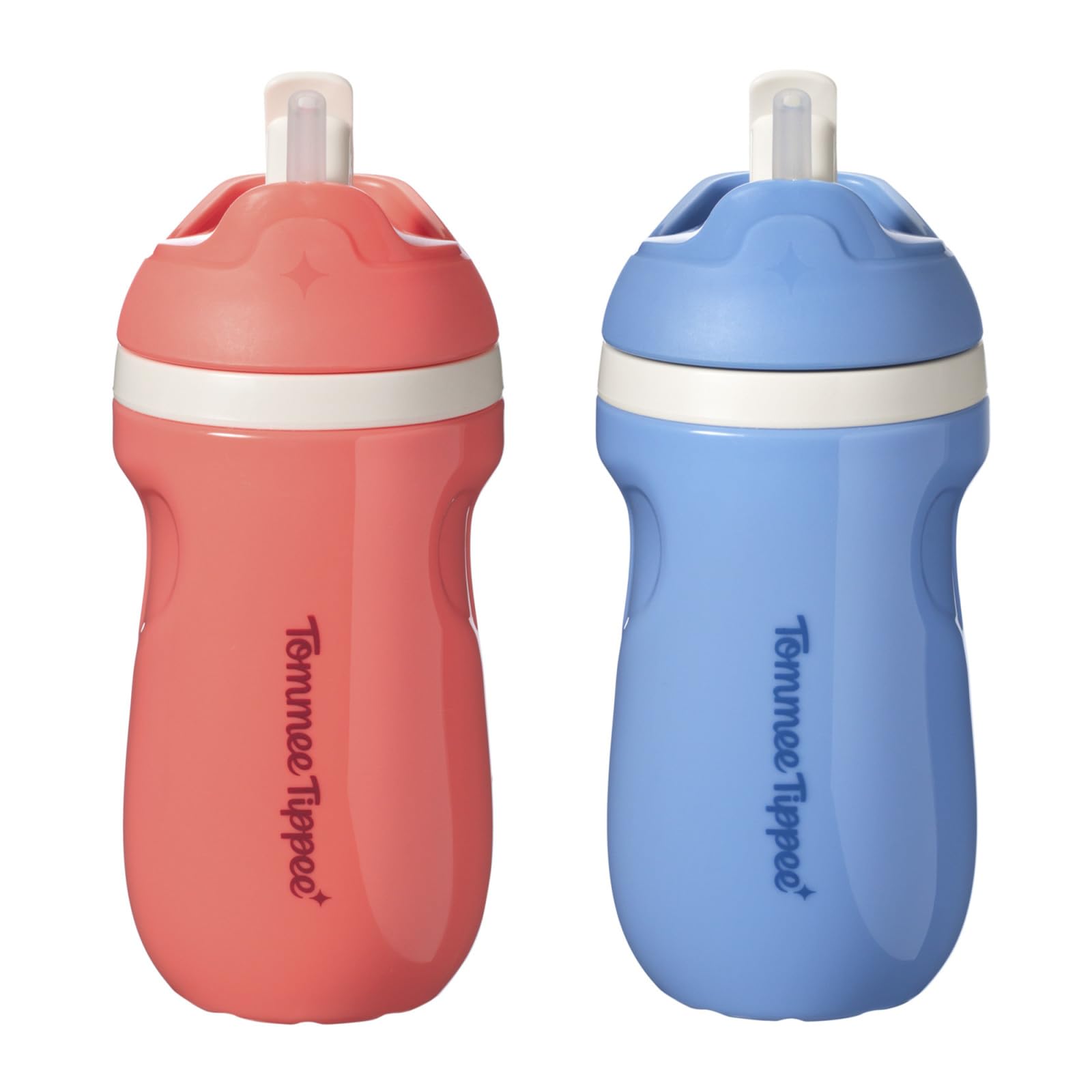 Tommee Tippee Insulated Sporty Spill-Proof Straw Cup, 12 Months+, 9oz, Toddler Training Sippy Cup, Sporty Carry Handle, Bite Resistant Spout, Flip Lid Keeps Straw Clean, Pack of 2, Blue and Red