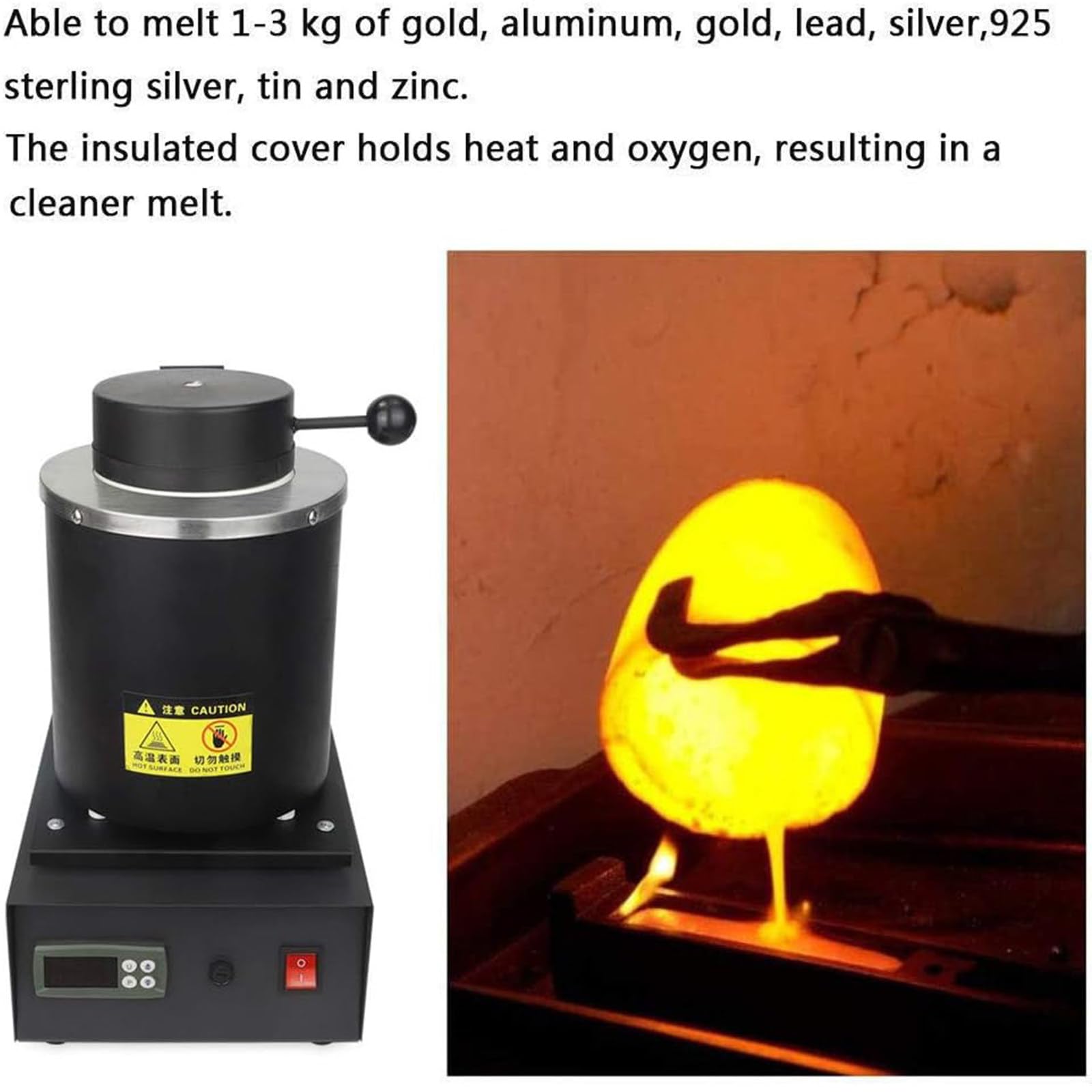 2kg piec do topienia złota, cyfrowy piec do topienia 1400 W, elektryczne szczypce do pieca do topienia z osłoną z siatki i tyglem grafitowym, do rafinacji metali Złoto Srebro,Black-1kg