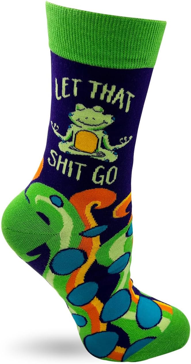 Fabdaz - Let That Shit Go - Funny Novelty Crew Socks for Women with Cute Zen Yoga Frog Design - 1 Pair - 1 Size Fits Most - Image 2