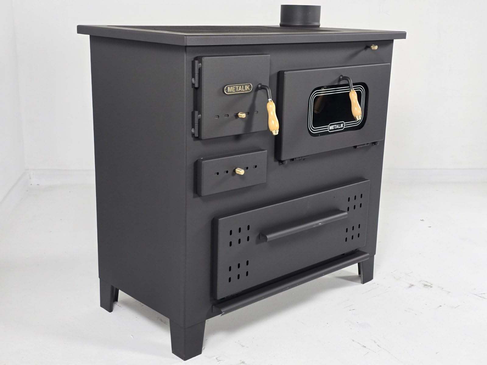 Prity Poêle à bois 13 kW avec plaque en fonte et brûleur à bûches