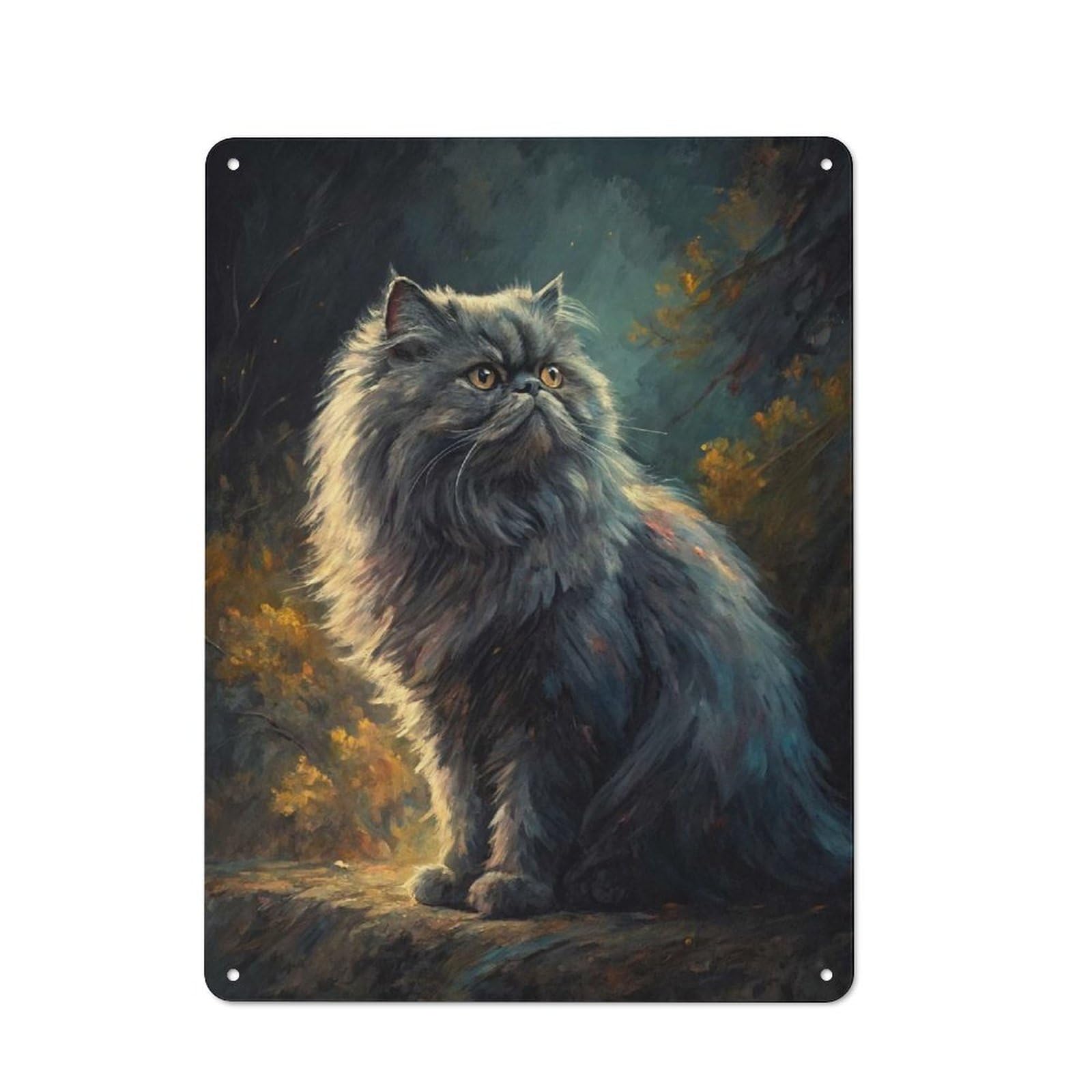 Junmoney Style-15 Tin Wall Plaque 40X30cm With Majestic Persian Cat In Autumn Forest For Workshop Wall, Housewarming Wall Decor For People Furnishing Workshop