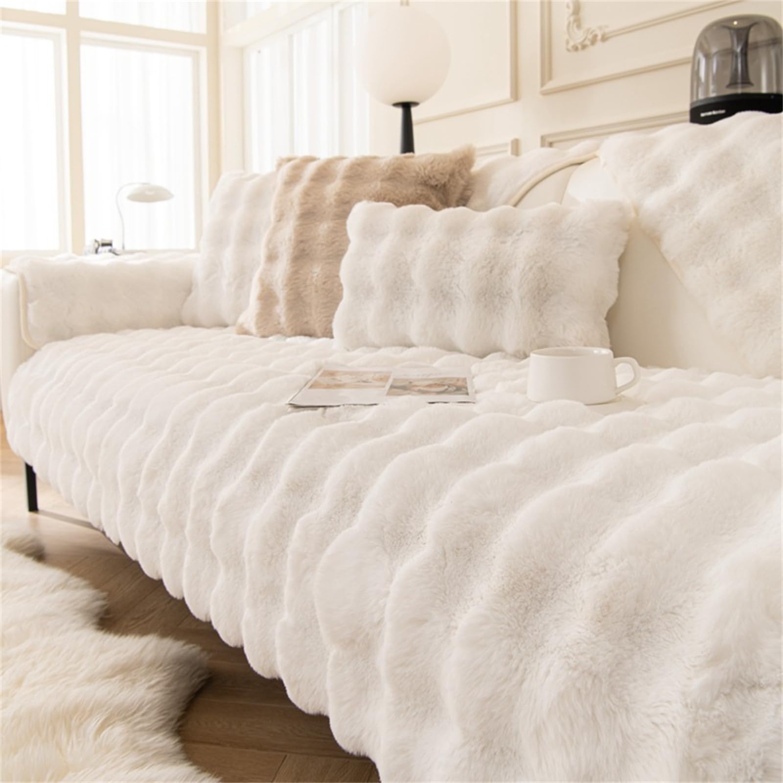 Rabbit Plush Sofa Cover 1 2 3 Seater, Sofa Slipcover Corner L Shape Thick Warm Couch Protector Anti-slip Caravan Seat Cushion Covers for Kids, Pets (Ivory,W 110cm×L 180cm) — image 1