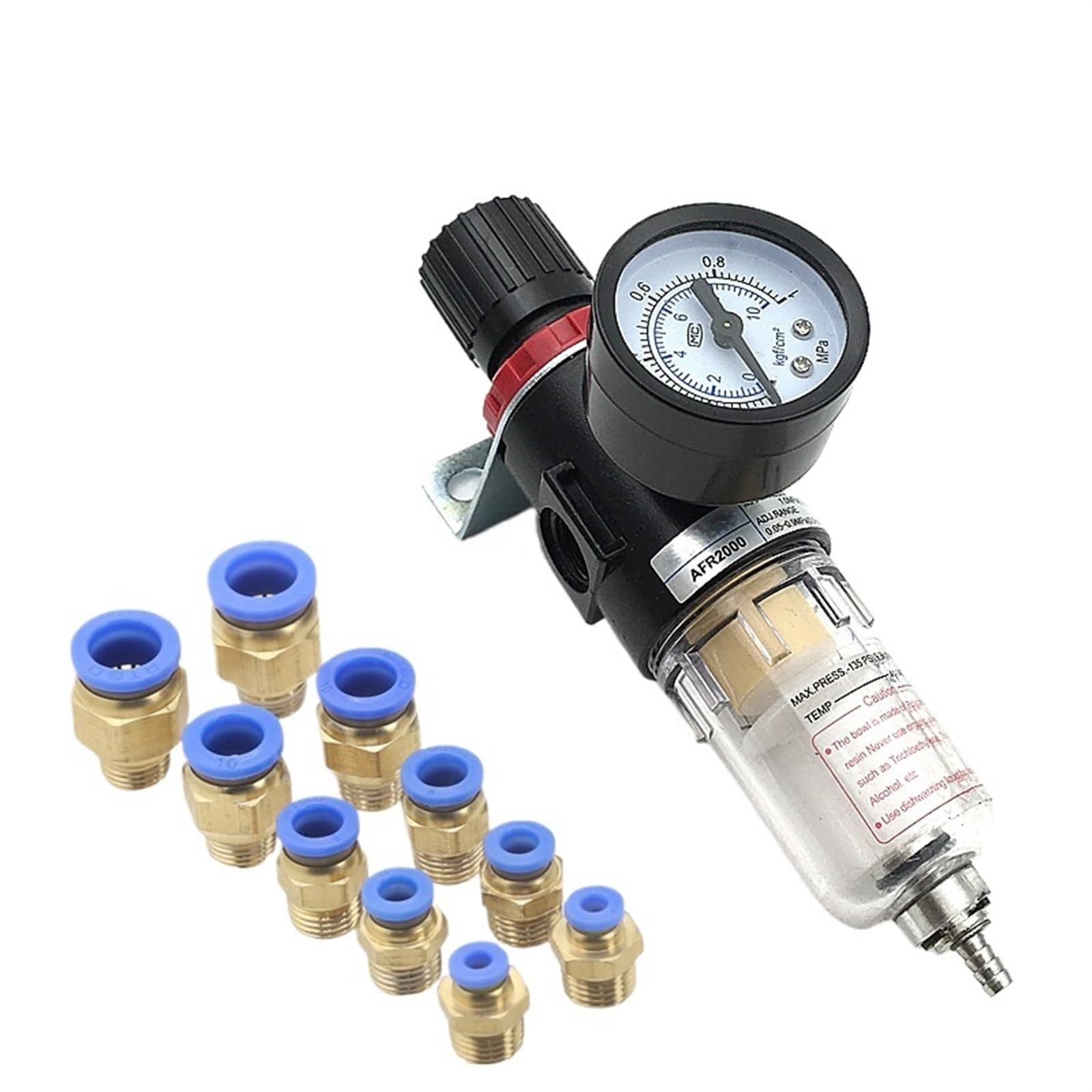 Filtro di Trattamento della Sorgente d'Aria pneumatica AFR2000 Manometro Regolabile 1/4 "Raccordi di Scarico della Pressione 4mm 6mm 8mm 10mm 12mm(AFR2000-4mm)