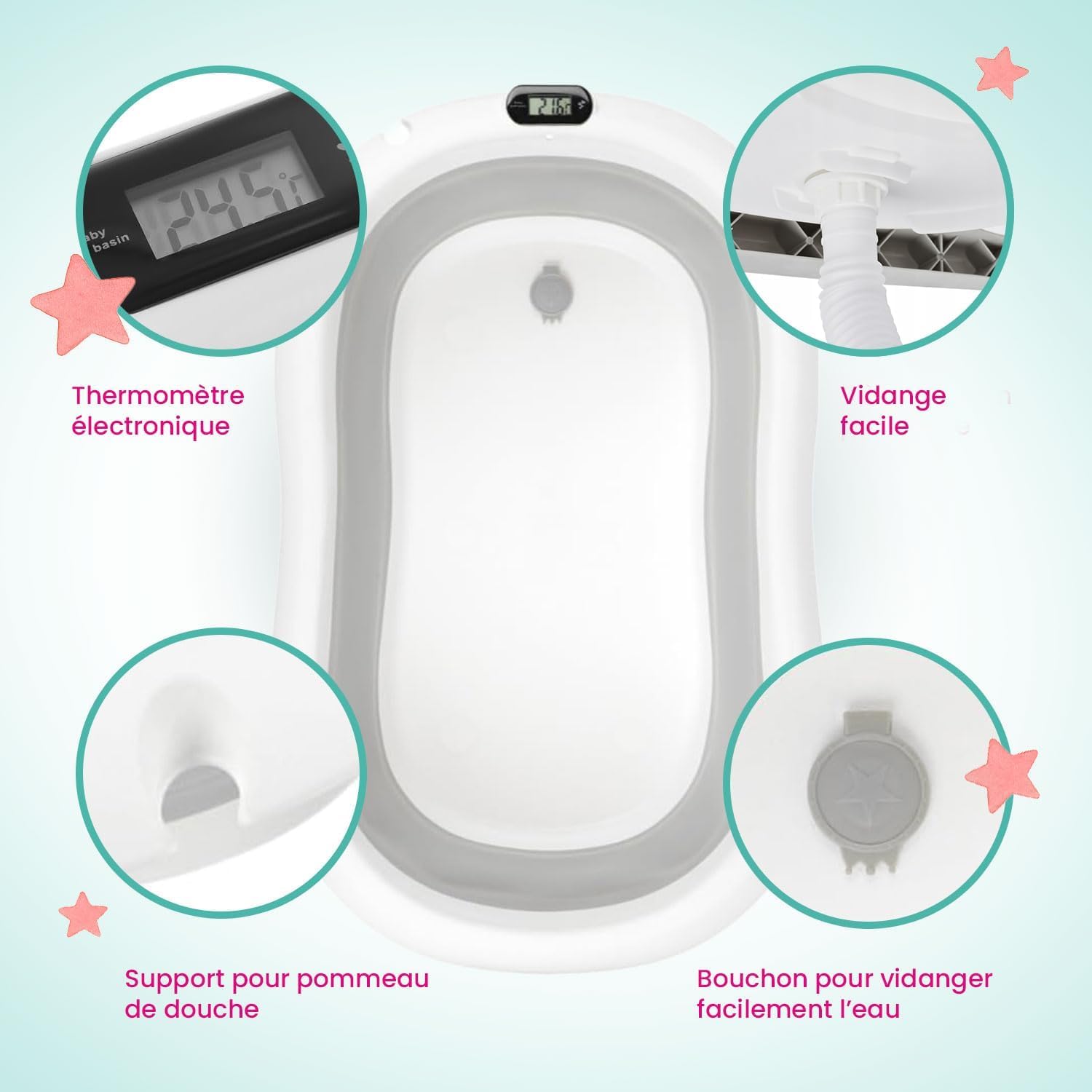 Primabobo Kit de Bain Bébé PREMIUM : Baignoire Pliable avec Thermomètre LCD Intelligent, Transat Ergonomique et Support Stable, Ensemble de Bain Luxe 80cm, Gris