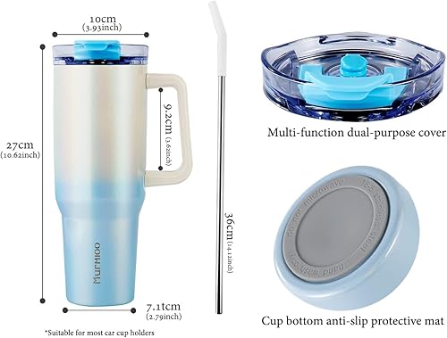 Miniatura 4 de Murmioo Vaso de 40 onzas con asa y popote, taza de viaje de acero inoxidable de doble pared aislada a prueba de fugas, botella de agua reutilizable,