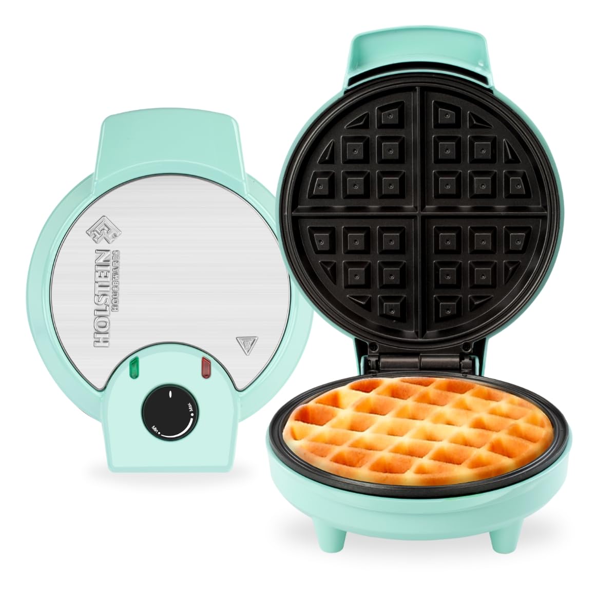 Holstein Housewares 7” Belgian Waffle Maker with Non-Stick Coating, Mint/Stainless Steel - Delicious Waffles in Minutes for Everyday Meals