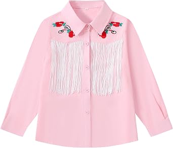 Girls Western Shirt Western Cowgirl Fringe Shirt Long Sleeve Embroidered Tassel Button Down Blouse Tops