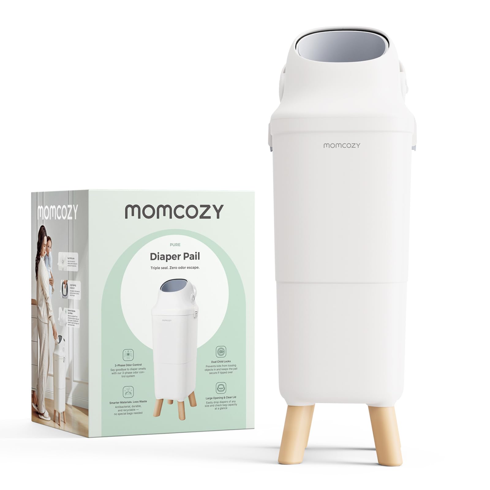momcozy Mangiapannolini con Sistema Antiodore Brevettato a Tripla Sigillatura, Bidoncino Getta Pannolini ad Altezza Ergonomica, Finestra Visiva, Blocco Sicurezza, Usa Sacchetti Standard