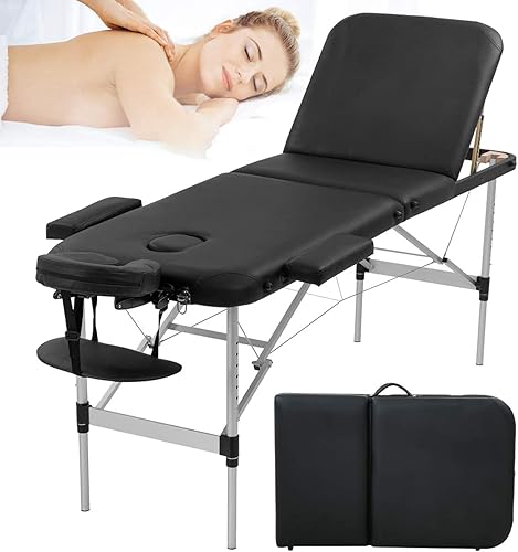 Mesa de masaje de aluminio, cama de spa portátil de masaje de 3 pliegues, cama de salón de masaje profesional, altura ajustable, cama de masaje con