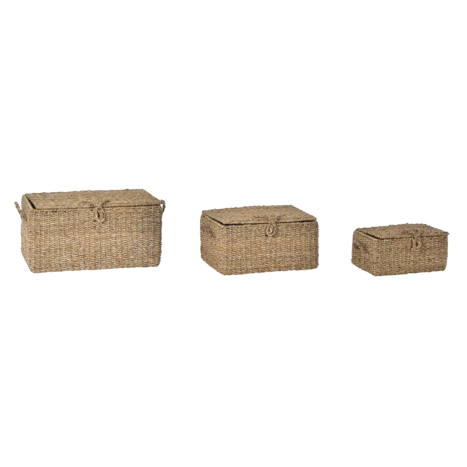 Panier en jonc de mer et fer lot de 3 paniers de rangement rectangulaires 50x34x25 cm