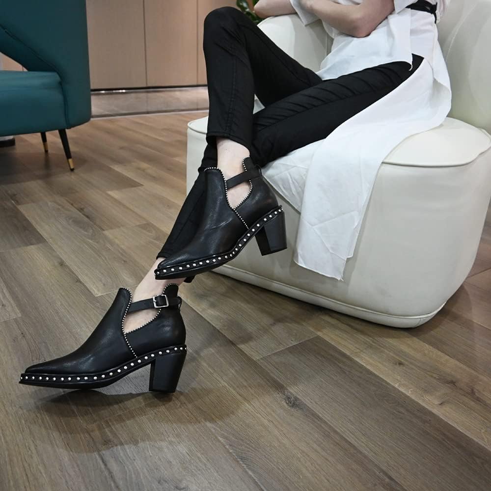 YDN Women Studded Mid Chunky Heeled Ankle Booties Pumps Closed Almond Toe Buckle Strap Short Combat Boot Size 4-15 US