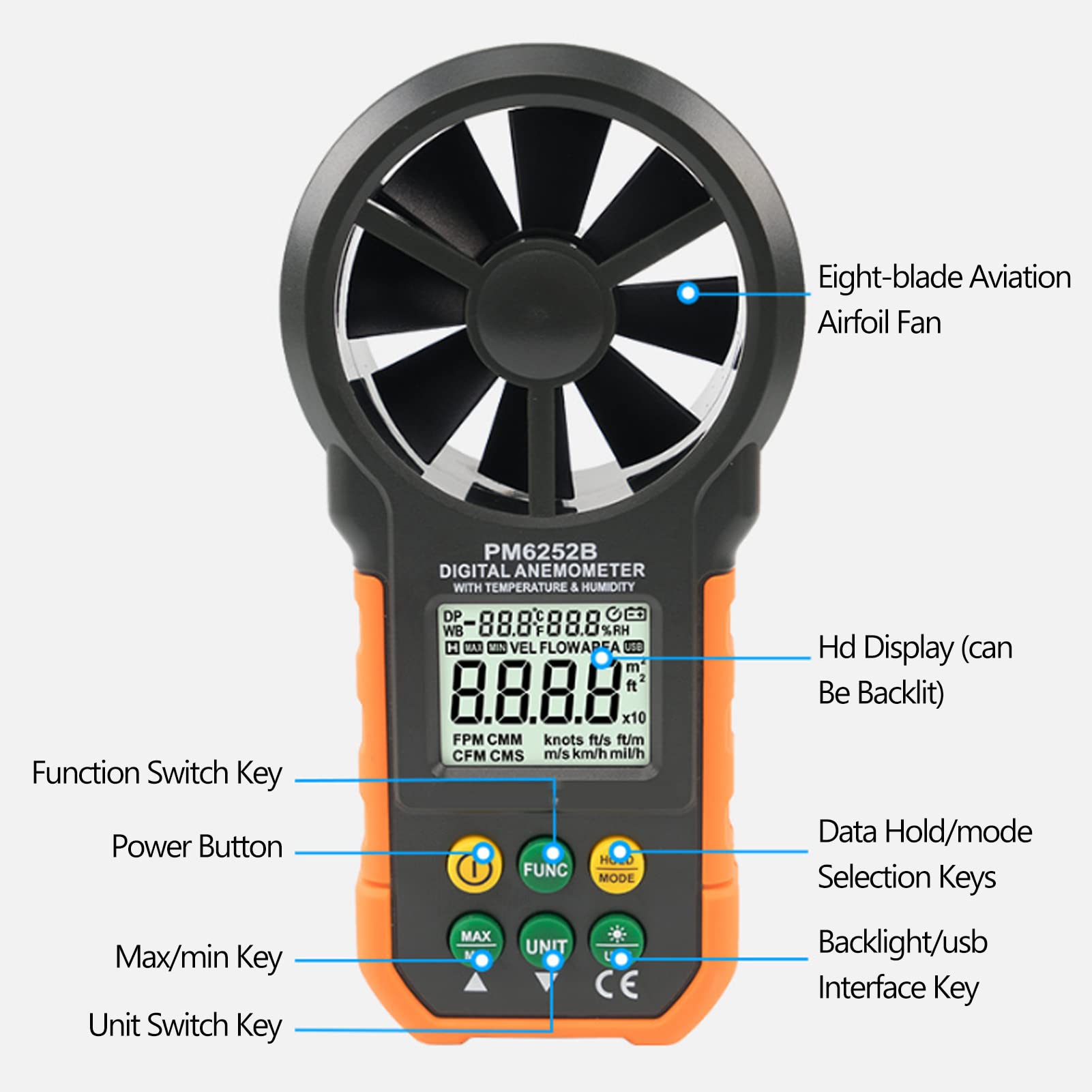 Semme PEAKMETER PM6252B Anemómetro Digital, medidor de Velocidad de Viento portátil de Alta precisión Medidor Medidor de Volumen de Aire para recolección de Datos meteorológicos