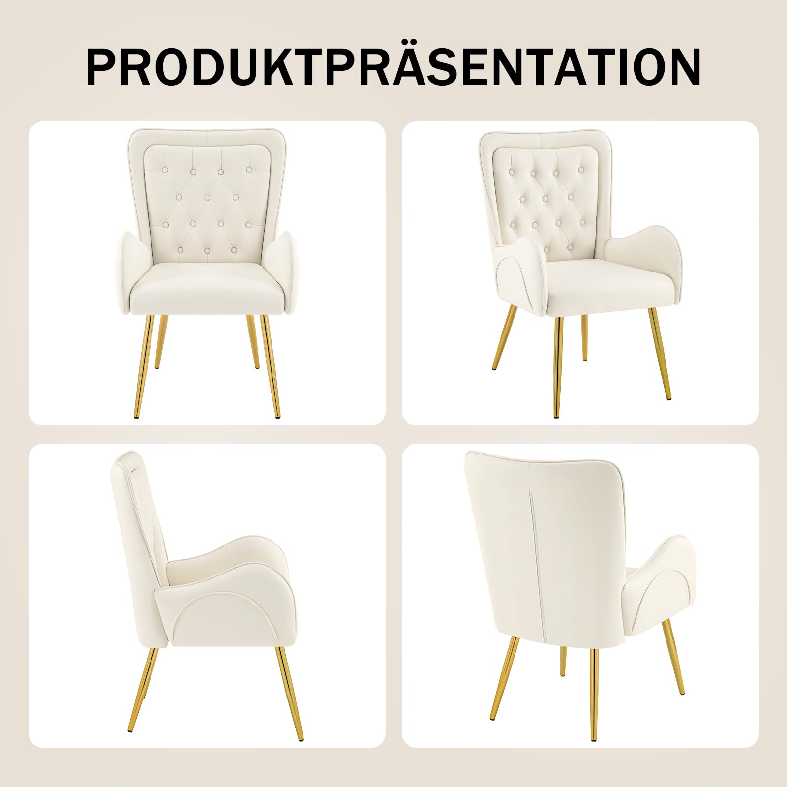 Hellove 2er Set Ohrensessel mit doppellagiger Rückenlehne – Wählbar: Samt oder Kunstleder – Bequemer Polsterstuhl mit goldenen Beinen – Skandinavischer Relaxsessel für Wohnzimmer, Beige