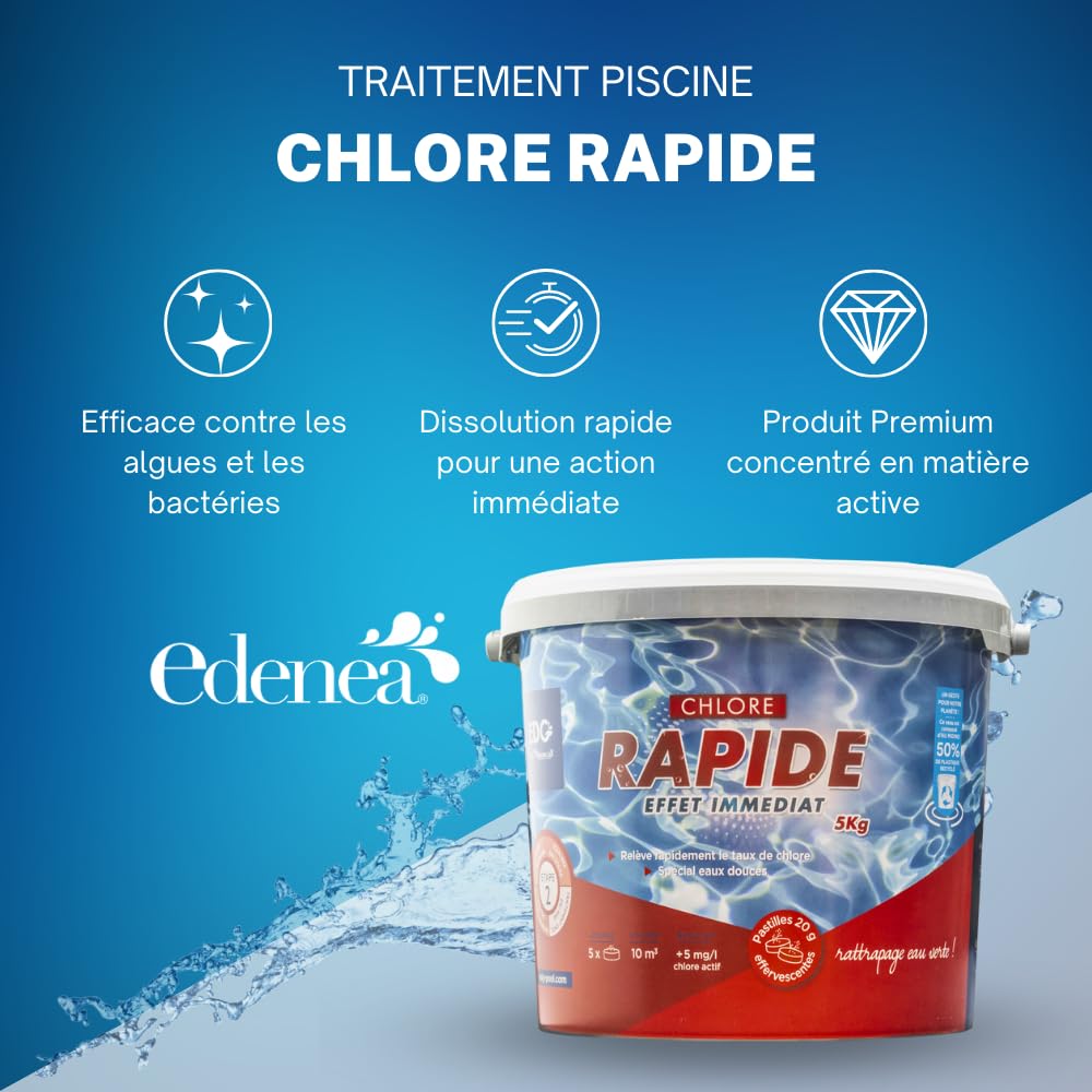 EDG by AQUALUX INTERNATIONAL - Chlore Rapide (Choc) Piscine - Pastilles 20g - Seau 5kg - Effet Immédiat - Spécial Rattrapage Eaux Vertes Usage Intensif Temps Orageux