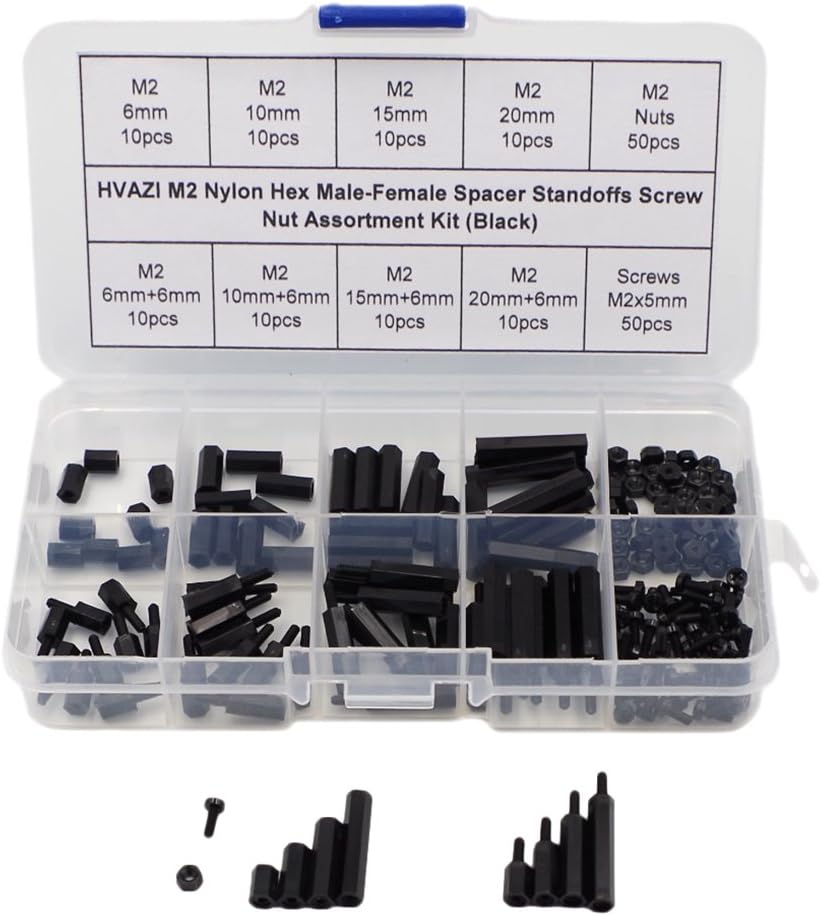 HVAZI M2 Nylon Hex Male-Female Spacer Standoffs Screw Nut Assortment Kit (Black)