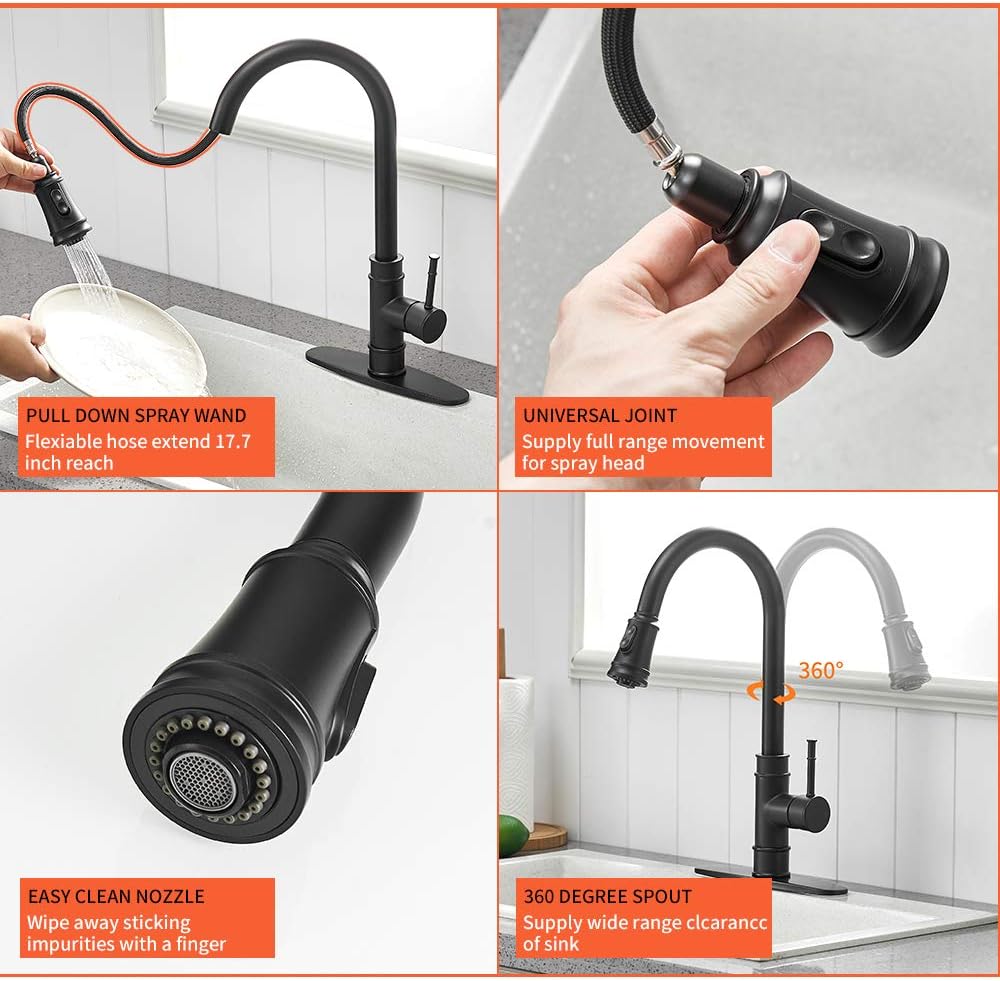 Hot Deals Kitchen Faucet Pull Down Commercial Modern Single Hole Single Handle high arc Stainless Steel Kitchen Sink faucets with Pull Out Sprayer Black