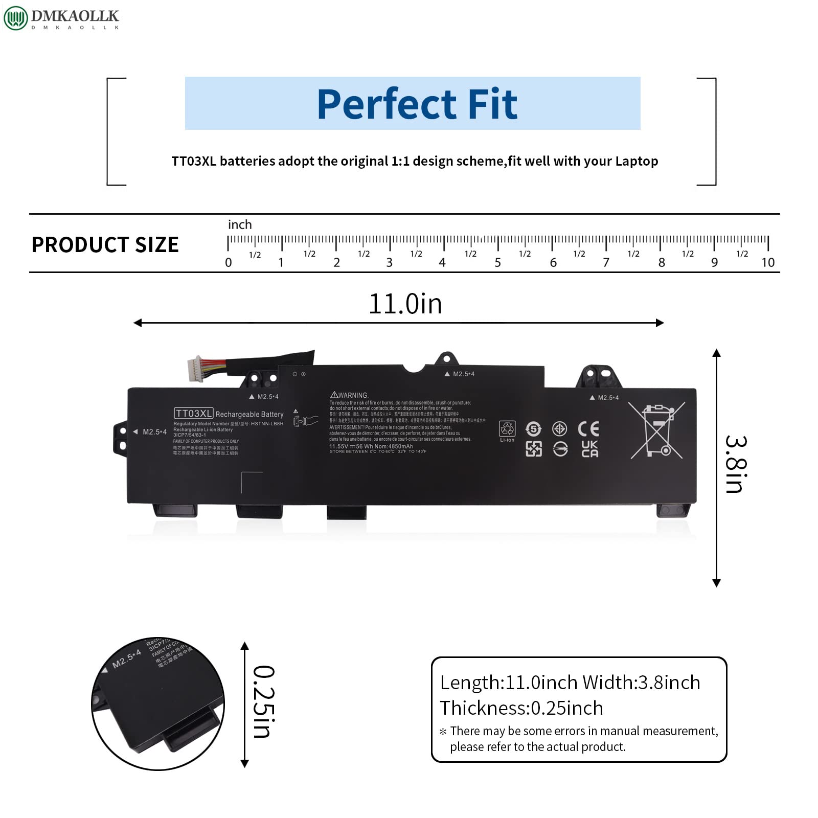 DMKAOLLK TT03XL 932824-421 Laptop Battery for HP EliteBook 850 G5,EliteBook 755 G5,EliteBook 850 G6,ZBook 15U G5 G6 Series TT03056XL 932824-1C1 932824-2C1 933322-855 HSN-113C-5 HSTNN-LB8H 11.55V 56Wh