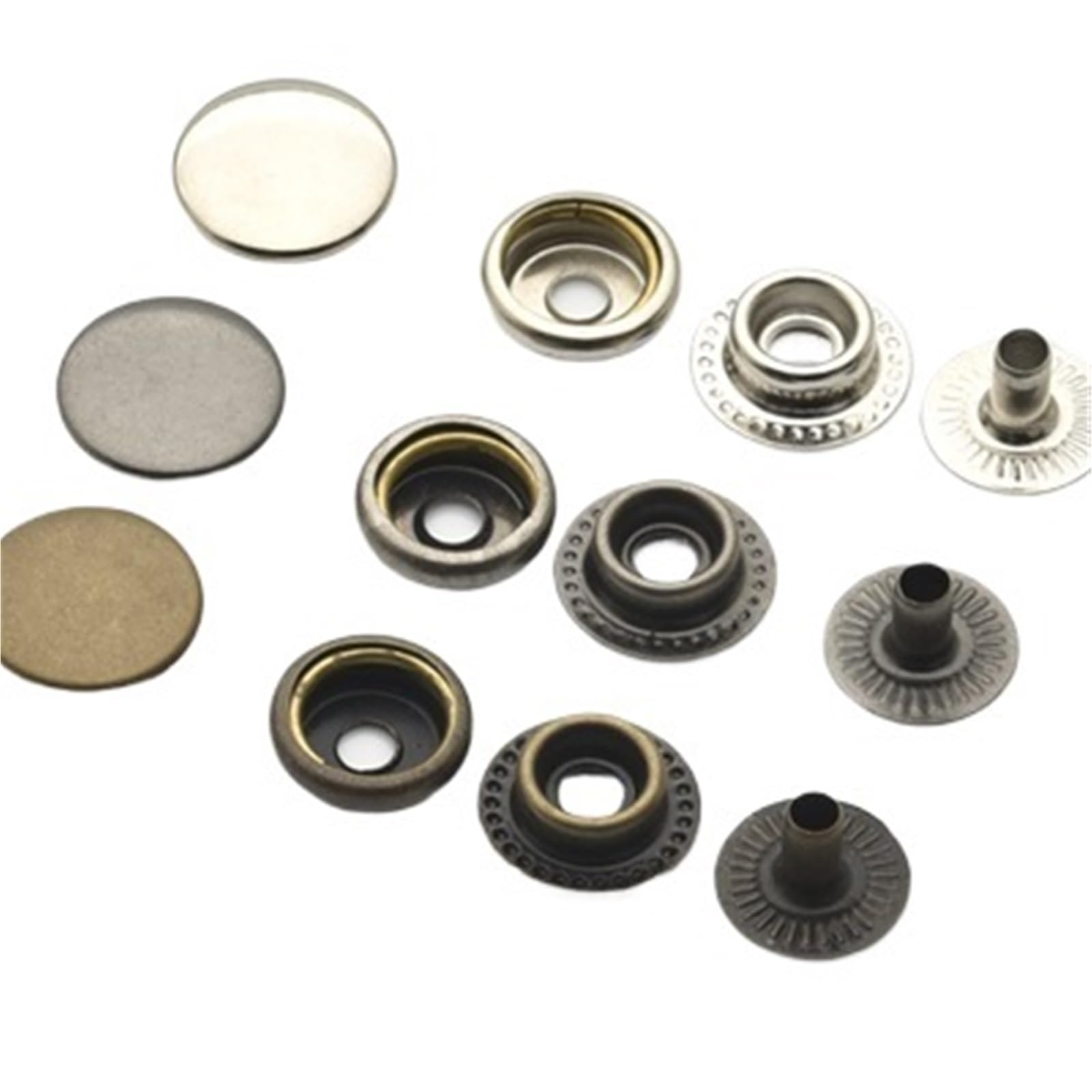 Xinglongs Multi-Colored Snap Button Fastener Kit 100 Sets 10/12.5/15Mm Brass Snap Fasteners Four Part Button Ring Press Studs Silver Bronze Black