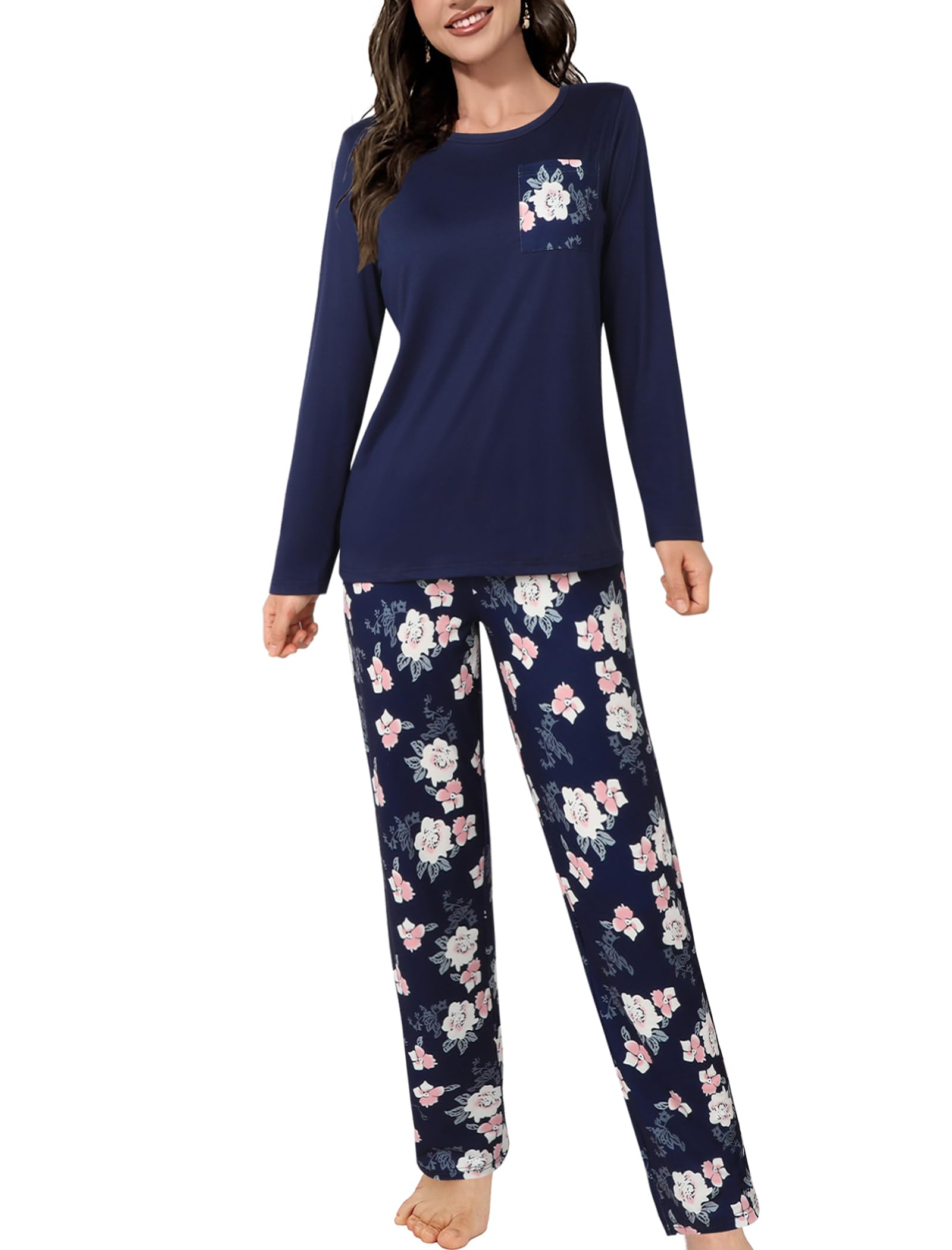 Evolyline Schlafanzug Damen Lang, Weihnachts Pyjama Damen Lang | 2 Teilig Schlafanzüge für Damen, Rundhalsausschnitt Lounge Set, Loungewear für Frauen Mit Taschen, Weich Pijamas Damen S-XL