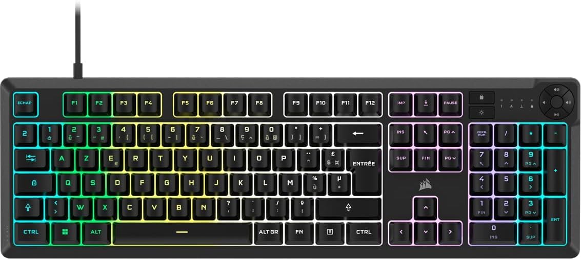 Corsair K55 Core RGB Wired Membrane Gaming Keyboard - Responsive Switches - Splash Resistant - Ten-Zone RGB - Multimedia Keys - iCUE Compatible - AZERTY FR - PC, Mac - Black