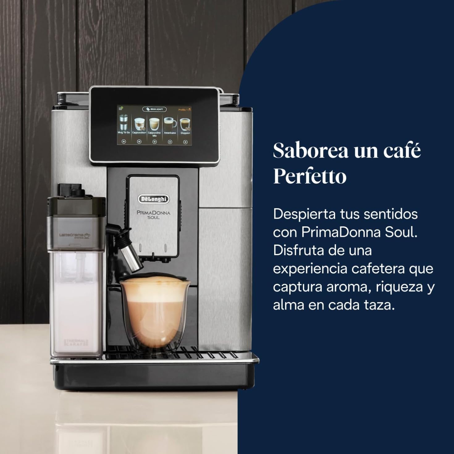 De'Longhi Perfetto Primadonna Soul ECAM612.55.SB Cafetera Superautomática Café y Cappuccino con Sistema de Leche LatteCrema, Tecnología Bean to Cup, 18 Bebidas, App Control