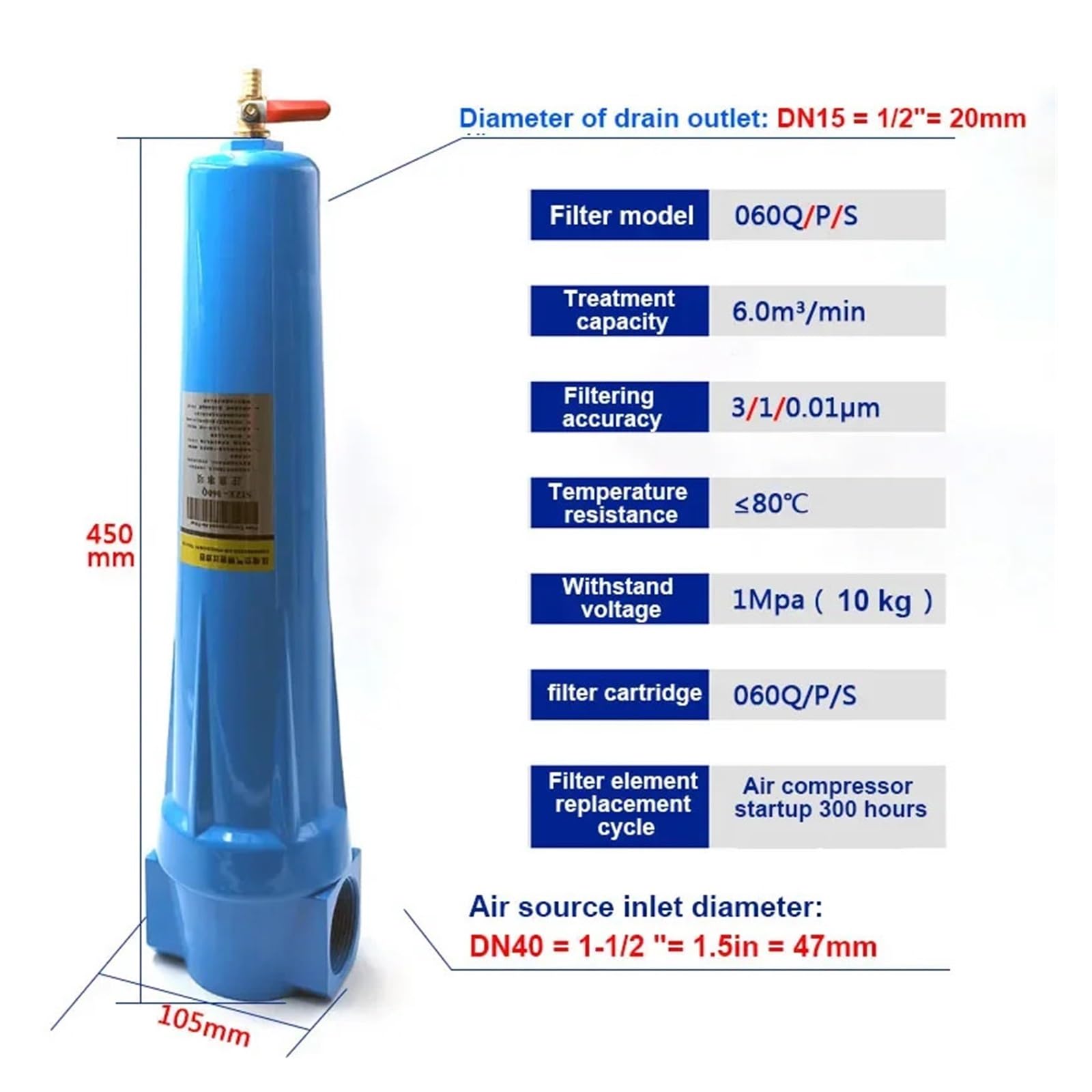 Filtro de precisión de aire comprimido QPS 024 Separador de agua y aceite compresor de aire 015 secador de agua seca(035P)