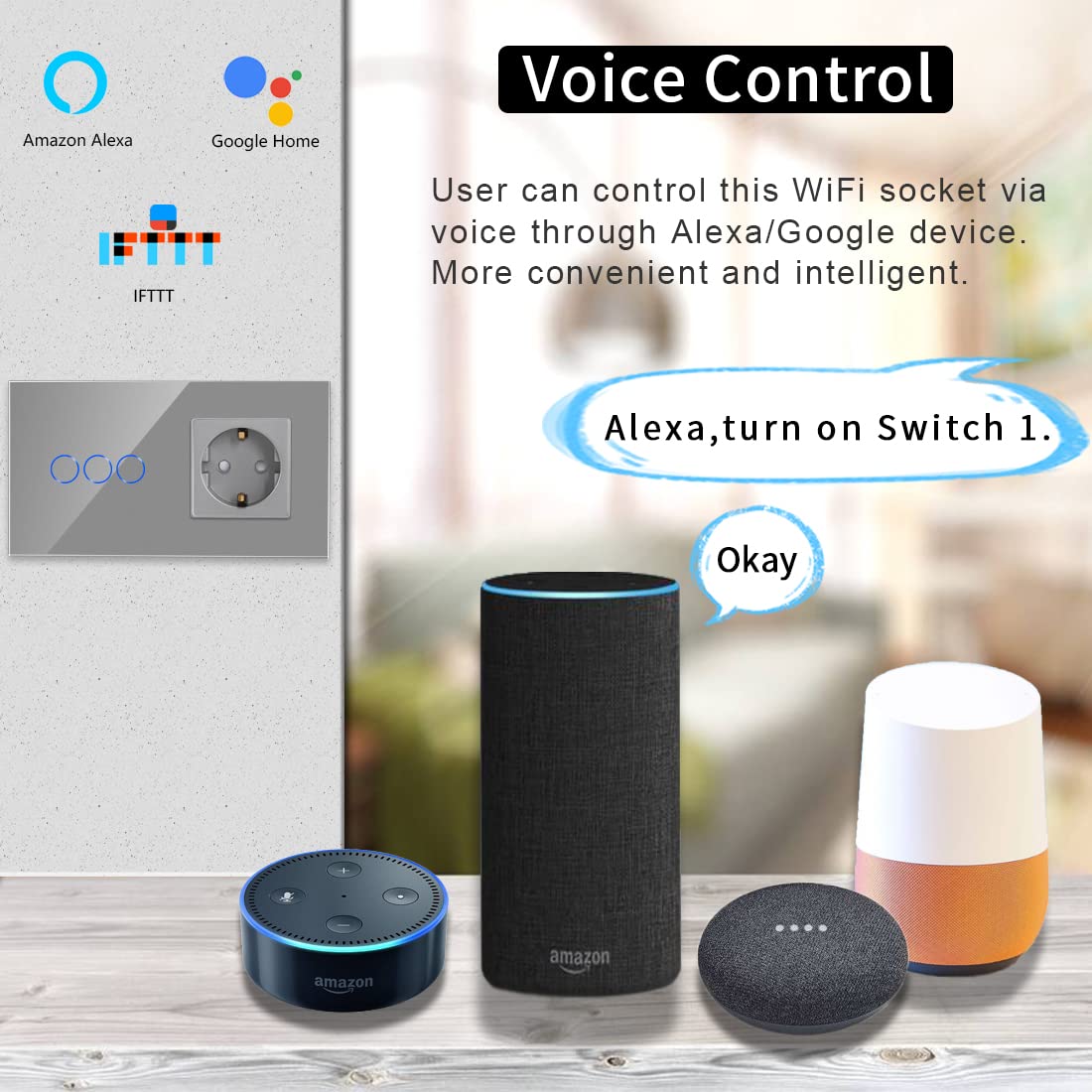 CNBINGO - Interruttore touch smart con presa Schuko da incasso con cornice in vetro, interruttore Wi-Fi per luci, funziona con Alexa, Google Assistant, interruttore a parete triplo in grigio
