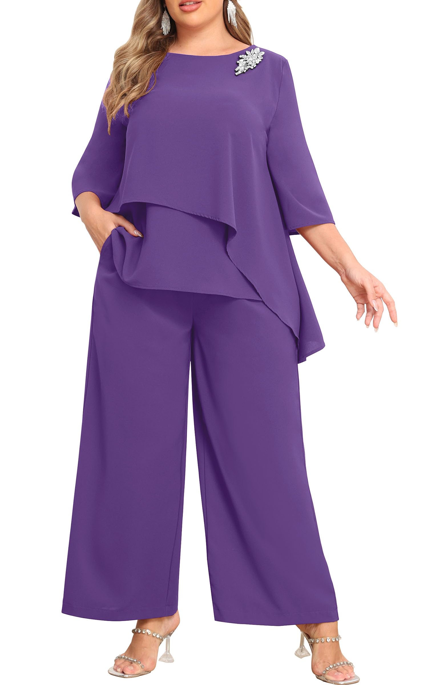 AOVDE Plus Size Pant Suits for Dressy Women Mother of Bride Elegant Pantsuits 2 Piece Outfits with Pocket
