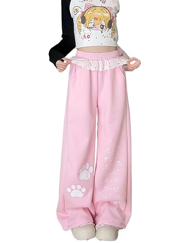 Korean Style Kawaii Lace Trim Cartoon Print Loose Pants Women Teen Girl High Waisted Loose Casual Trousers - Pink - Small