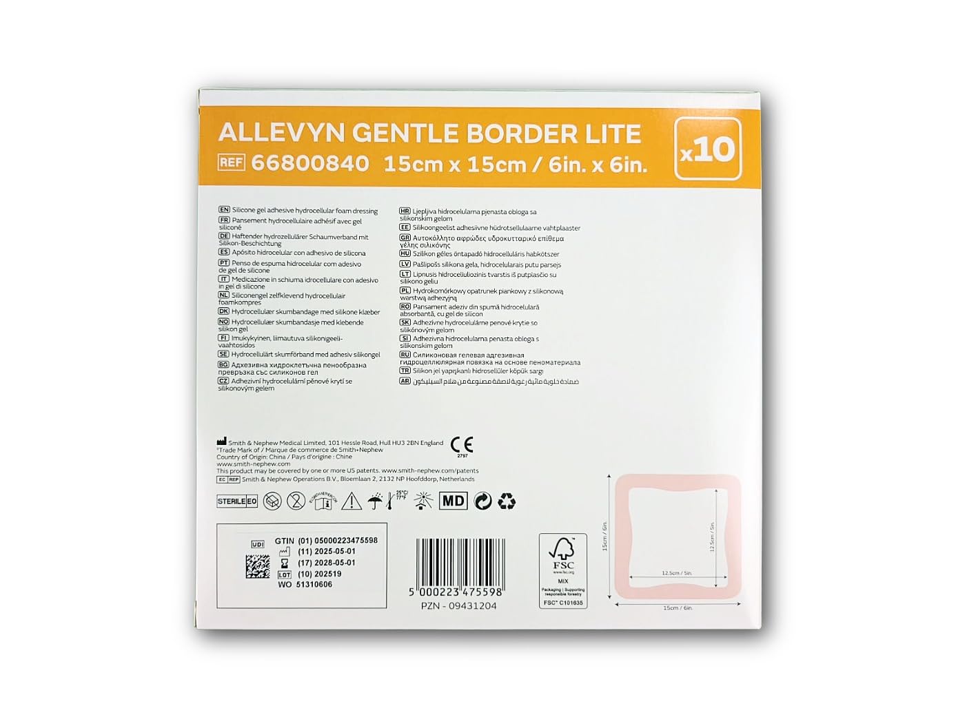 Smith+Nephew ALLEVYN Gentle Border Lite 15x15 cm | Apósito Fino de Espuma de Silicona | Impermeable | 10 Unidades