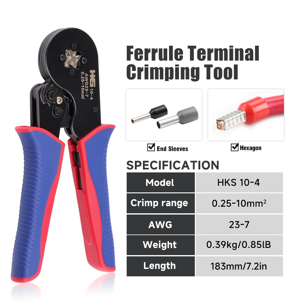 HKS Kit de herramientas de crimpado de virola – Alicates cuadrados (AWG 23-7) con pelacables multiusos y 1900 terminales de mangas de alambre en caja