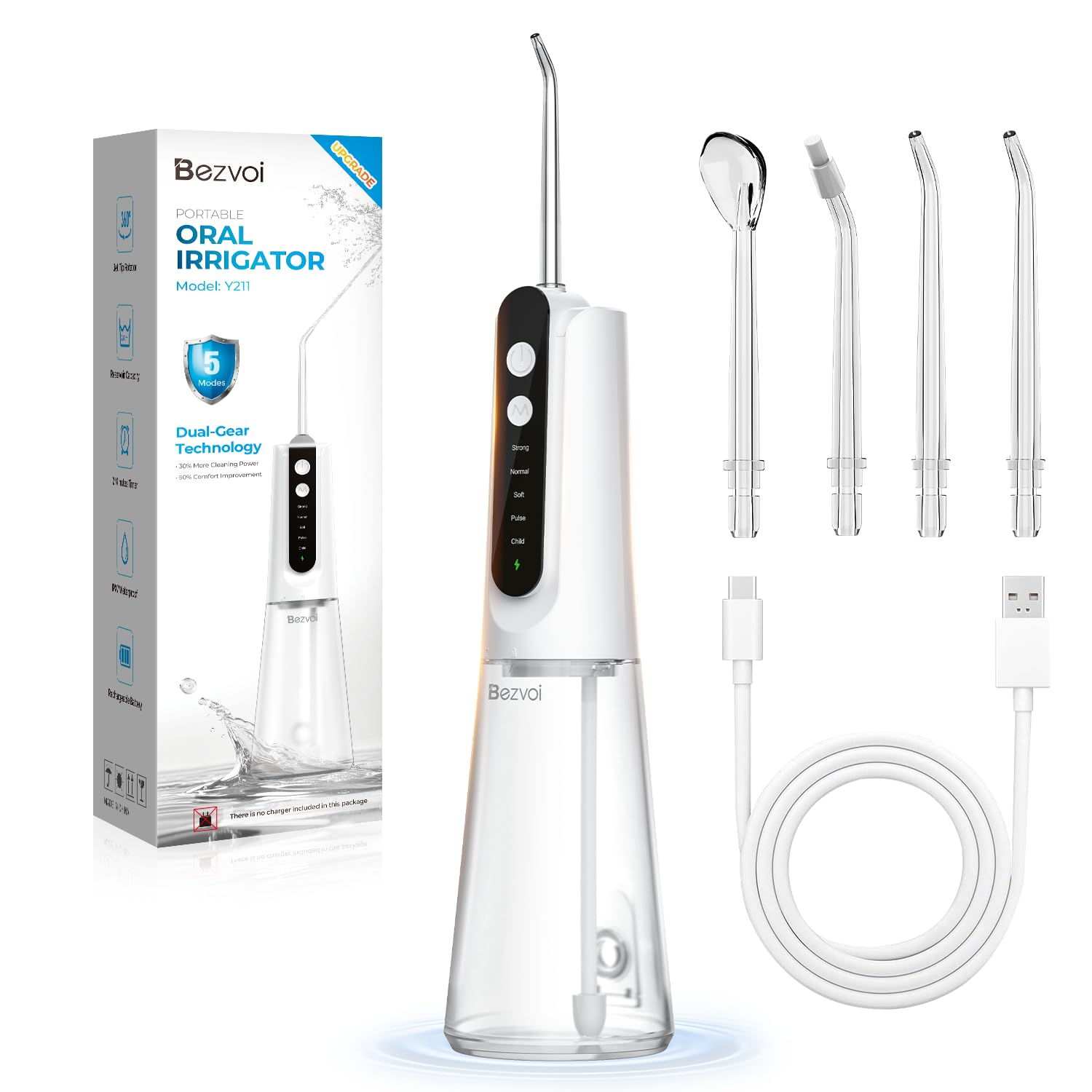 Bezvoi Idropulsore Dentale Senza Fili, Irrigatore Orale Ricaricabile IPX7, 5 Livelli di Pressione, Serbatoio 300 ml, 6 Ugelli, Pulizia Bucale per Uso Domestico e Viaggi, Bianco