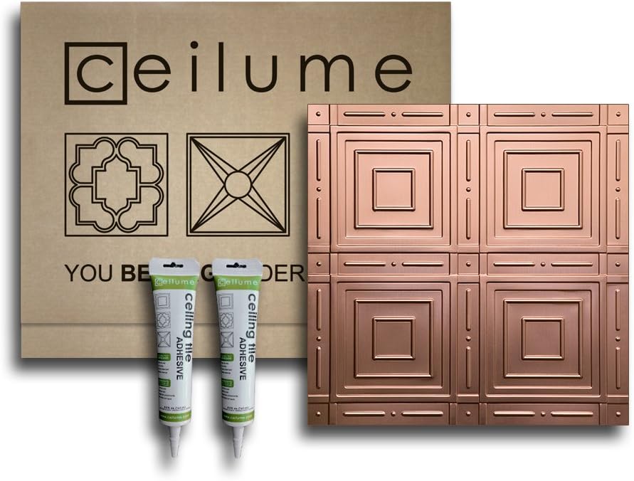 Ceilume 6 pc Nantucket 2x2 Glue Up Ceiling Tile and Backsplash Kit - Overlapping Edge - Direct Mount - Kit Includes Tiles and Adhesive to Cover 21 sq ft. (Copper)