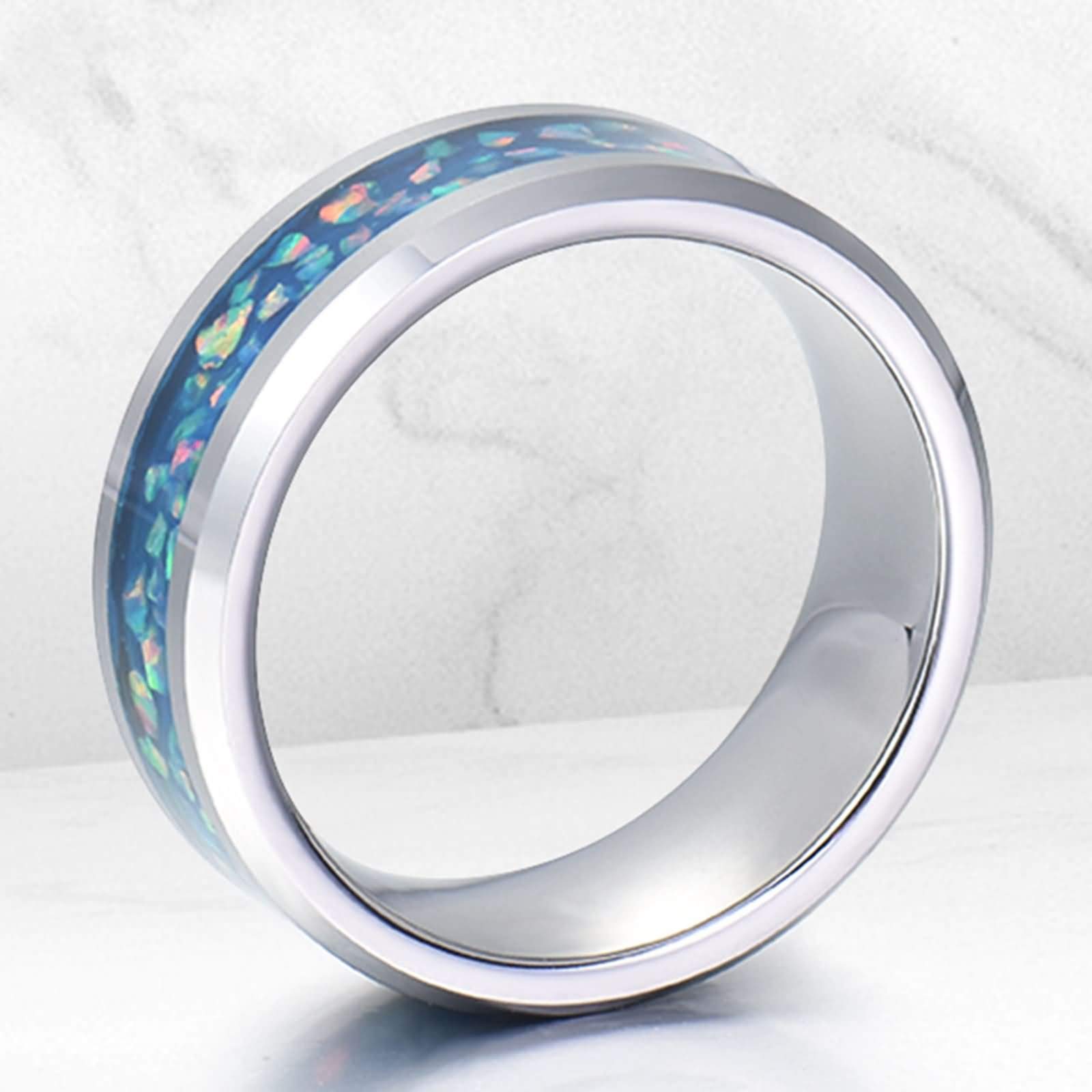 Anelli Uomo Tungsten Sintetico Blu Opale Anello Anello Uomo Incisione Personalizzata 8MM Anello Nuziale Argento Blu Misura 12-31