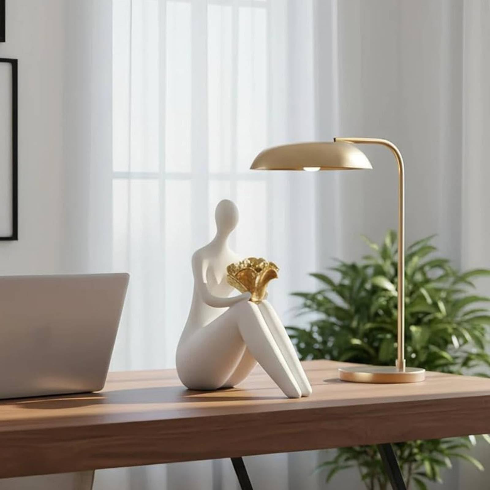 LOVIVER Escultura Figura Estatua Decorativa Adorno Moderno Figura Sentada en Resina con Detalle Dorado Acabado Huevo Adecuada para Sala de Estar Recibidor