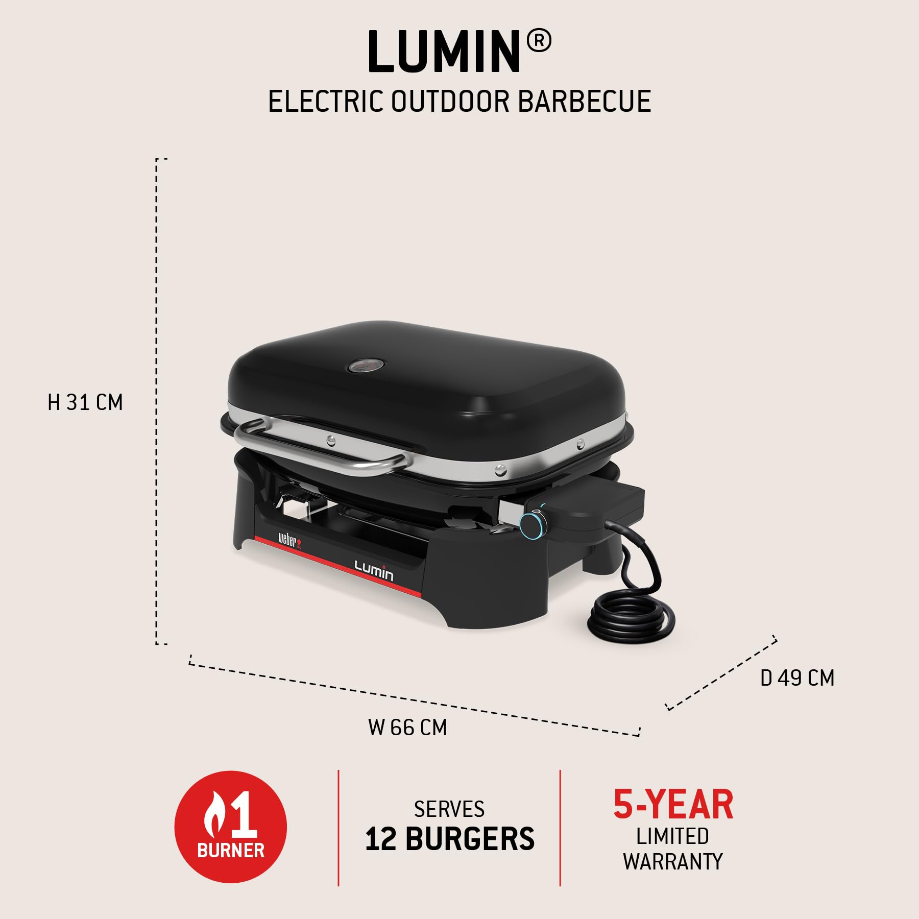 Weber Lumin Barbecue Elettrico/Fino a 315 °C, con termometro nel Coperchio, Griglie in ghisa Smaltata in Porcellana, Superficie di Cottura 33 × 49 cm, Nero (1502045)