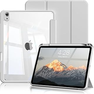 for iPad Air 11インチ ケース (M3/M2、2025/2024) に適合する iPad Air 第5/4世代 ケース 10.9インチ 2022/2020 アクリル 透明バックカバー ペンシル収納 三つ折りスタンド 耐衝撃 軽量 薄型 ワイヤレス充電 オートスリープ/ウェイク PC/TPU (グレー)
