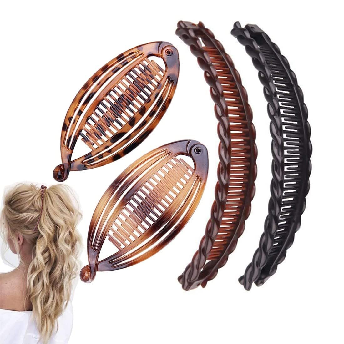 ZKSXOA 4 Pieces Banana Hair Clip, Double Comb Long Hair Clips, Ponytail Hair Comb, Banana Hair Comb, Vintage Clincher Combs, Fishtail Hair Clip Combs for Thick Hair and Fine Hair